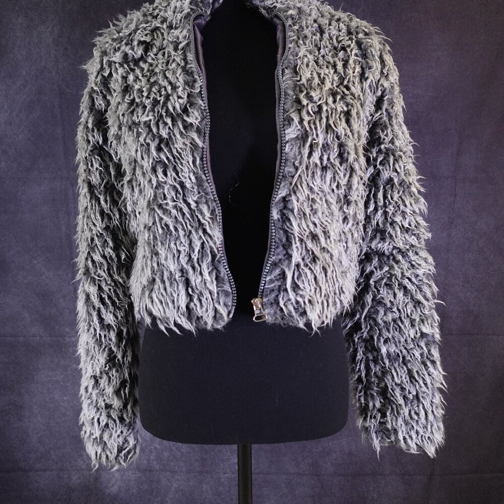 Funky Black and White Faux Fur, Shaggy, Cropped Zip Front Jacket